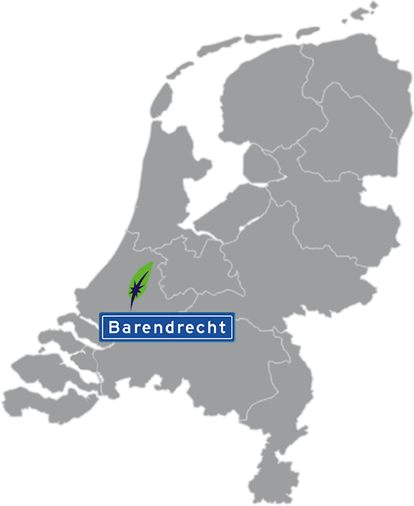 Grijze kaart van Nederland met Barendrecht aangegeven met blauw plaatsnaambord met witte letters en Dagnall veer voor cursus Nederlands - blauw plaatsnaambord met witte letters en Dagnall veer - transparante achtergrond - 600 * 733 pixels